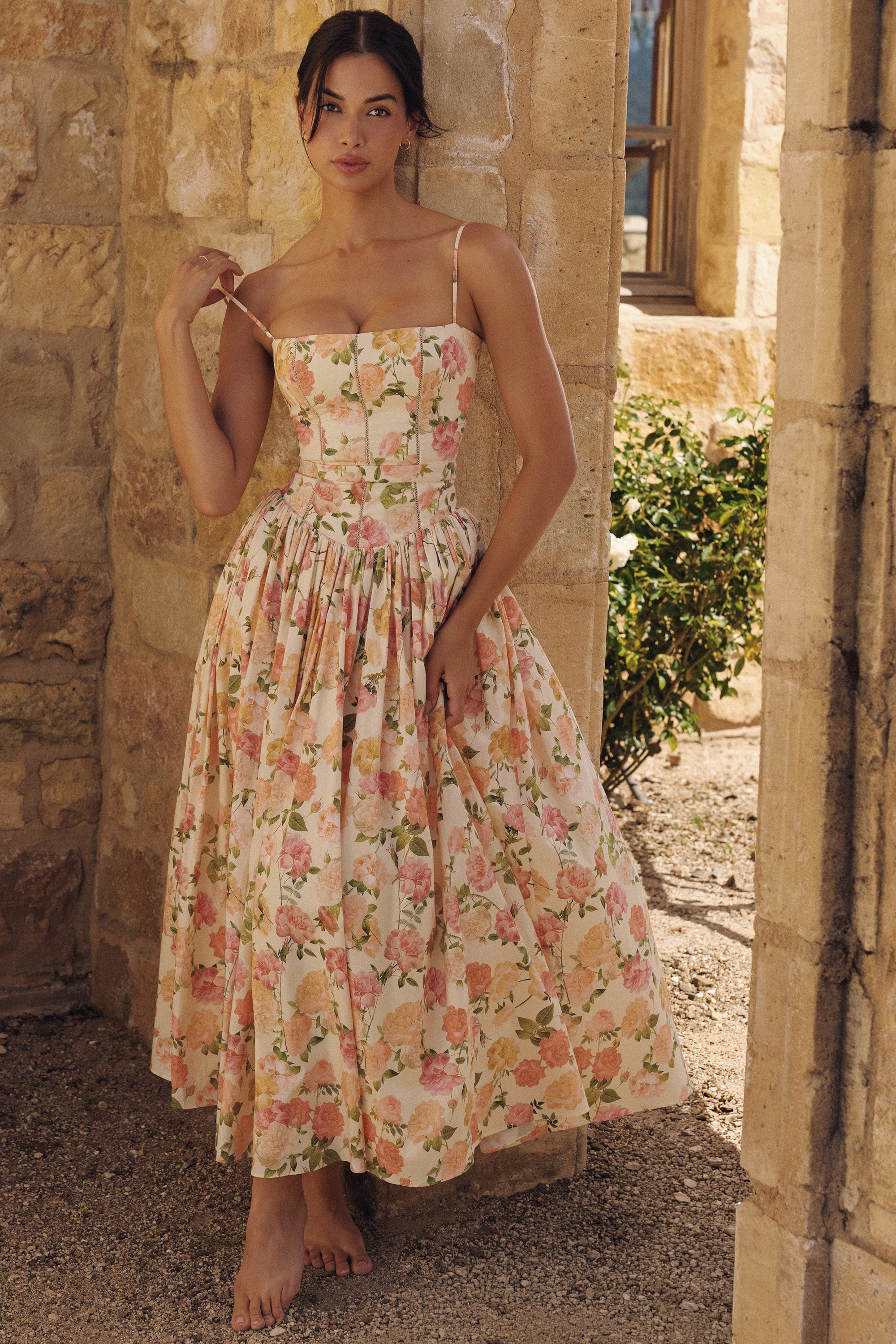 Warm Rose Print Cotton Midi Sundress