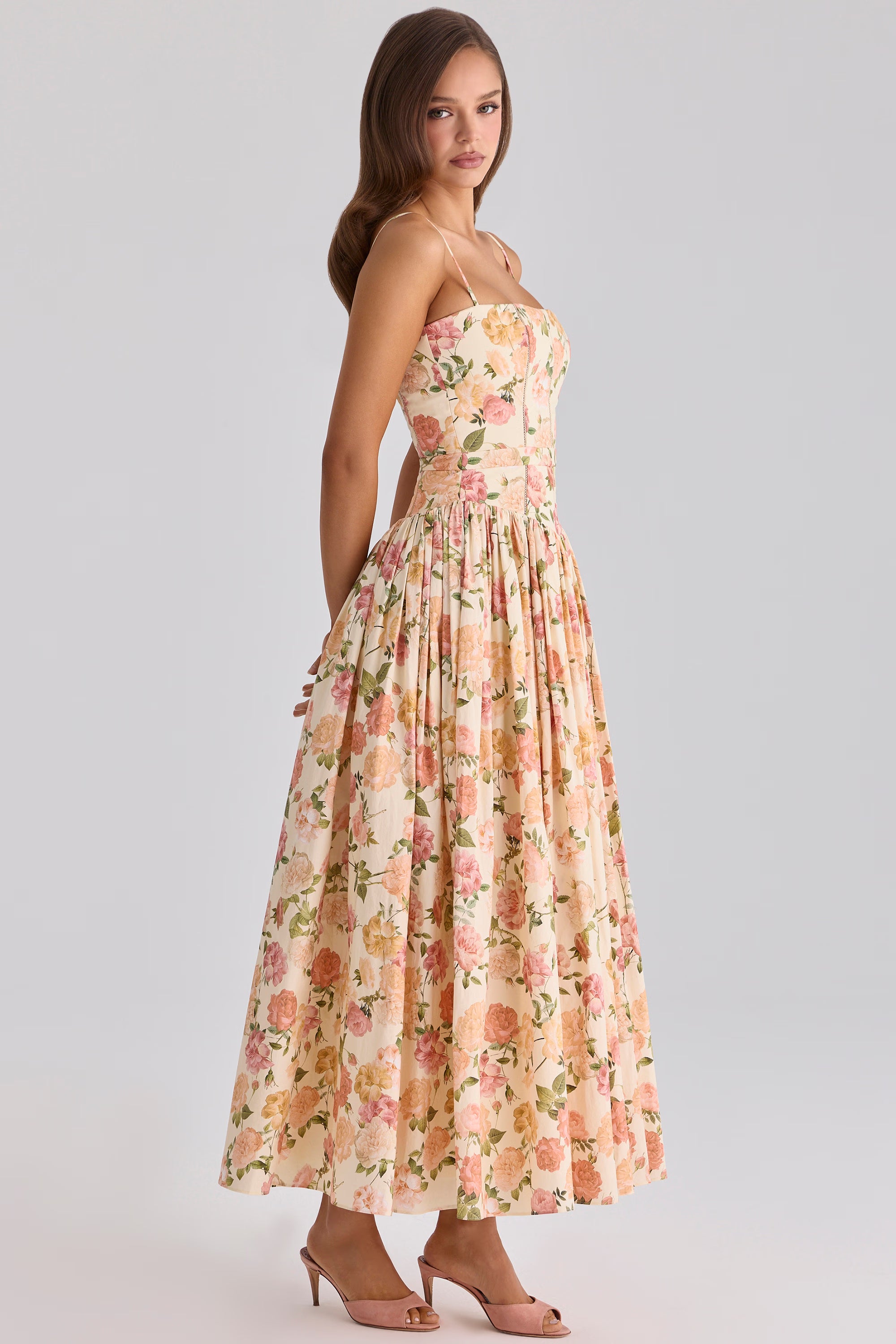 Warm Rose Print Cotton Midi Sundress